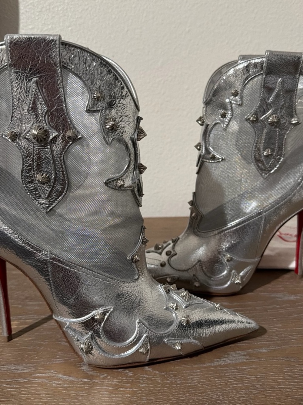Christian Louboutin Silver Mesh & Stud Ankle Boot with Red Heel - Picture 6 of 11